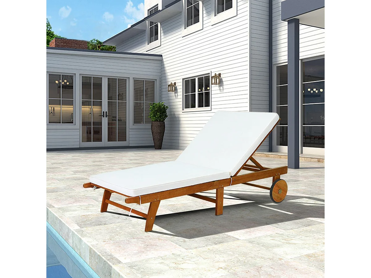 Bains de Soleil Pliable-Bois d'Eucalyptus/Chaise Longue avec Coussin à Roulettes-Dossier Réglable sur 6 Positions-Charge Max 160KG (2 pièces)