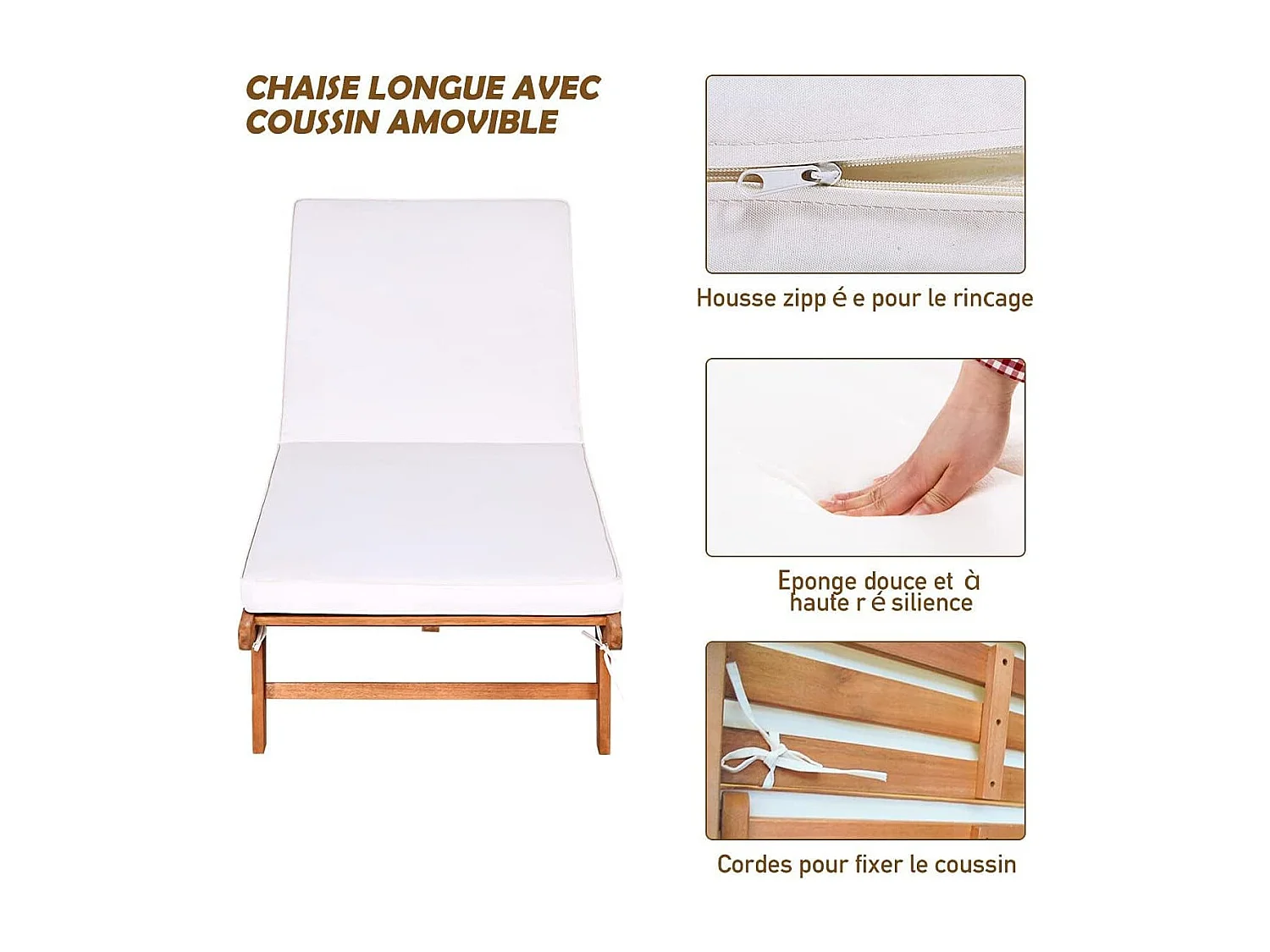 Bains de Soleil Pliable-Bois d'Eucalyptus/Chaise Longue avec Coussin à Roulettes-Dossier Réglable sur 6 Positions-Charge Max 160KG (2 pièces)