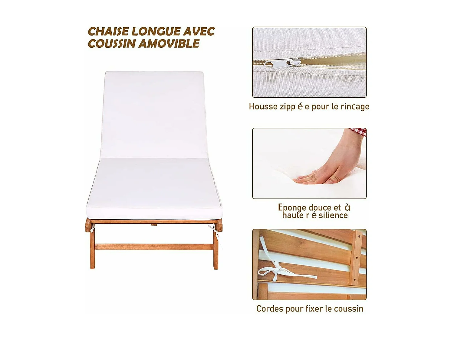 Bains de Soleil Pliable-Bois d'Eucalyptus/Chaise Longue avec Coussin à Roulettes-Dossier Réglable sur 6 Positions-Charge Max 160KG (2 pièces)