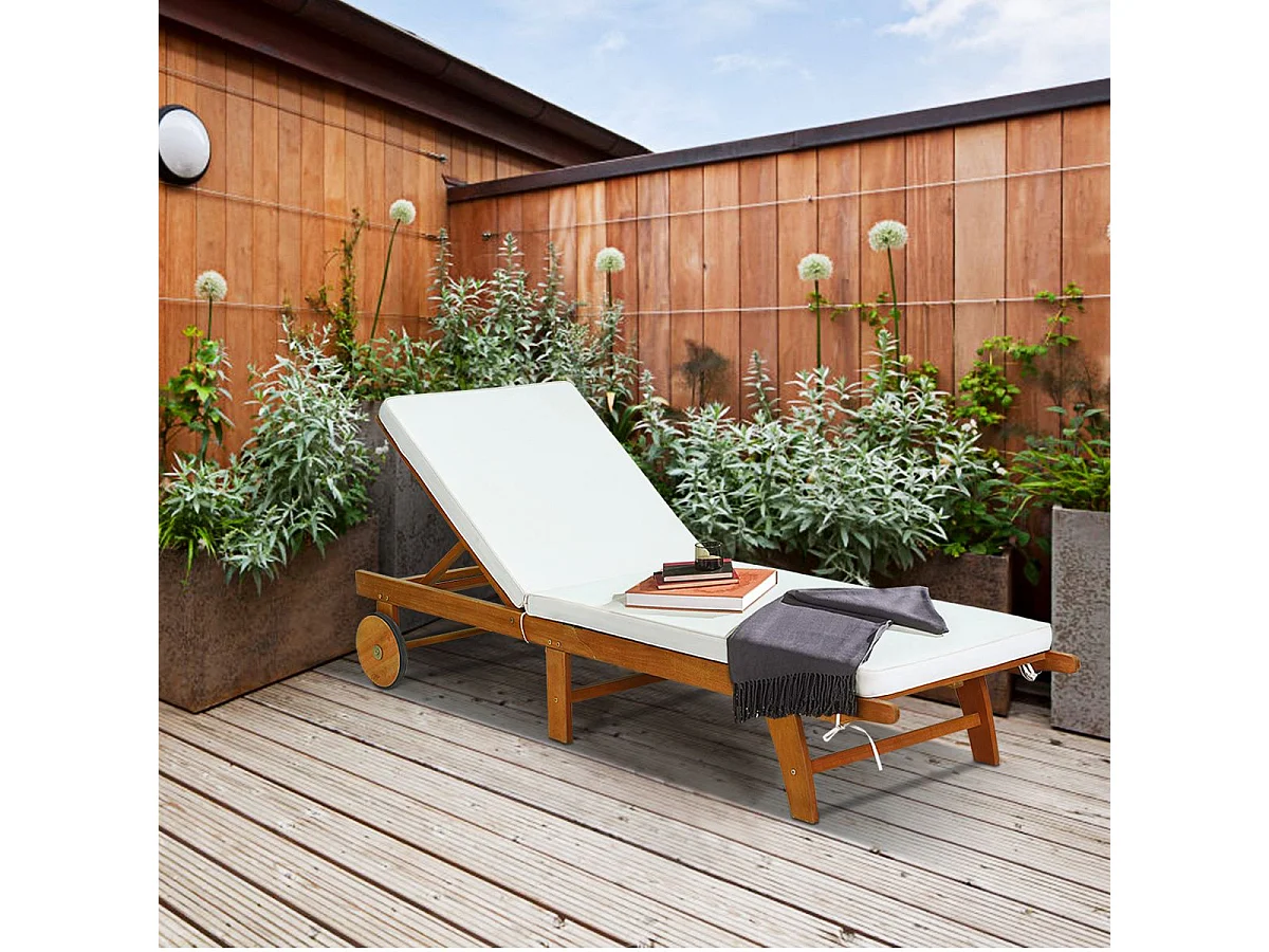 Bains de Soleil Pliable-Bois d'Eucalyptus/Chaise Longue avec Coussin à Roulettes-Dossier Réglable sur 6 Positions-Charge Max 160KG (2 pièces)