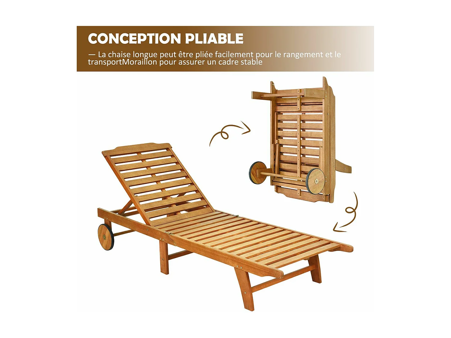 Bains de Soleil Pliable-Bois d'Eucalyptus/Chaise Longue avec Coussin à Roulettes-Dossier Réglable sur 6 Positions-Charge Max 160KG (2 pièces)
