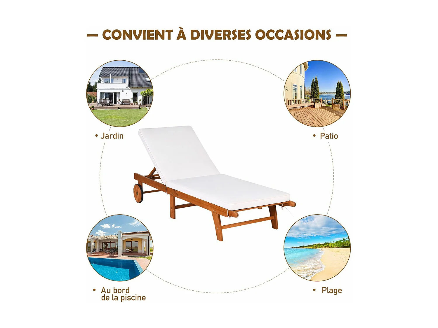 Bains de Soleil Pliable-Bois d'Eucalyptus/Chaise Longue avec Coussin à Roulettes-Dossier Réglable sur 6 Positions-Charge Max 160KG (2 pièces)