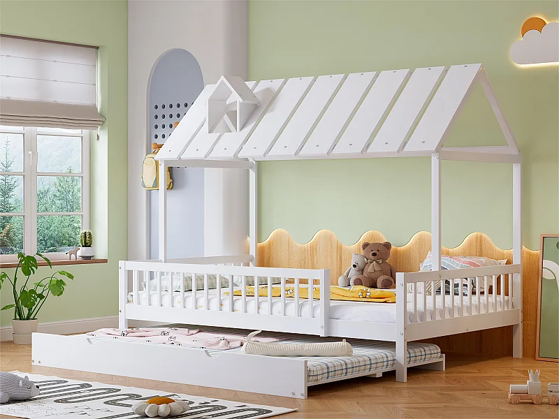 Kinderbett 120x200 cm mit Ausziehbett 120x190 cm – aus Kiefernholz und MDF – Weiß