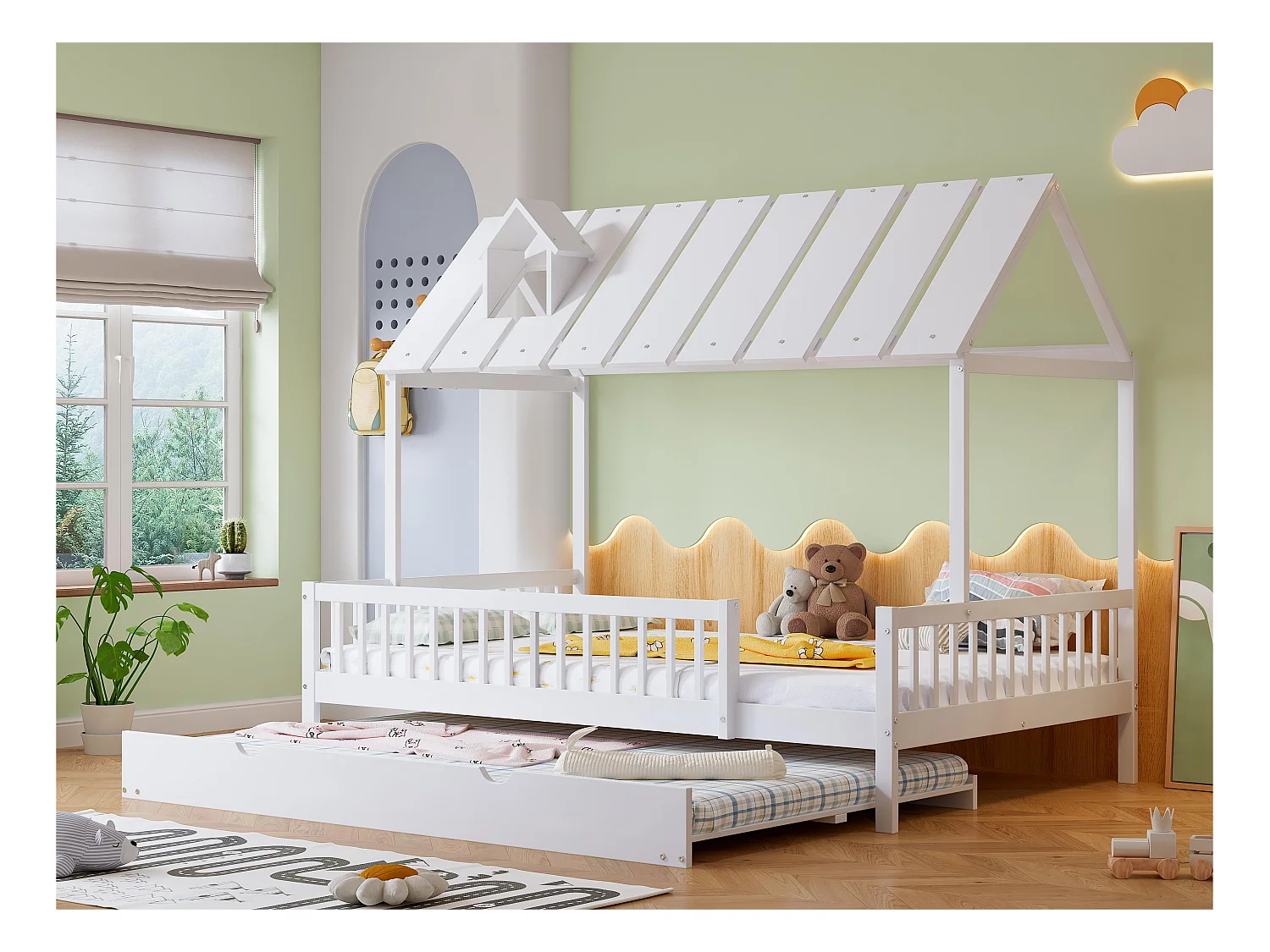 Letto per bambini 120x200 cm con letto estraibile 120x190 cm - in legno di pino e MDF - Bianco