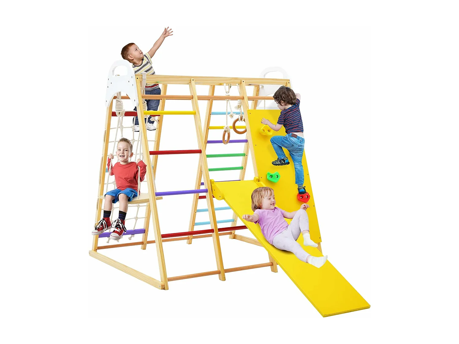 Aire de Jeux Portique Bois Enfants 8 en 1 avec Toboggan Jeu d’Escalade Balançoire Barre de Singe Anneaux de Gymnastique Charge 240KG 1 an+, Coloré