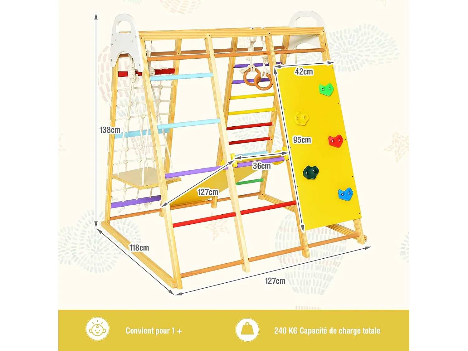 Aire de Jeux Portique Bois Enfants 8 en 1 avec Toboggan Jeu d’Escalade Balançoire Barre de Singe Anneaux de Gymnastique Charge 240KG 1 an+, Coloré