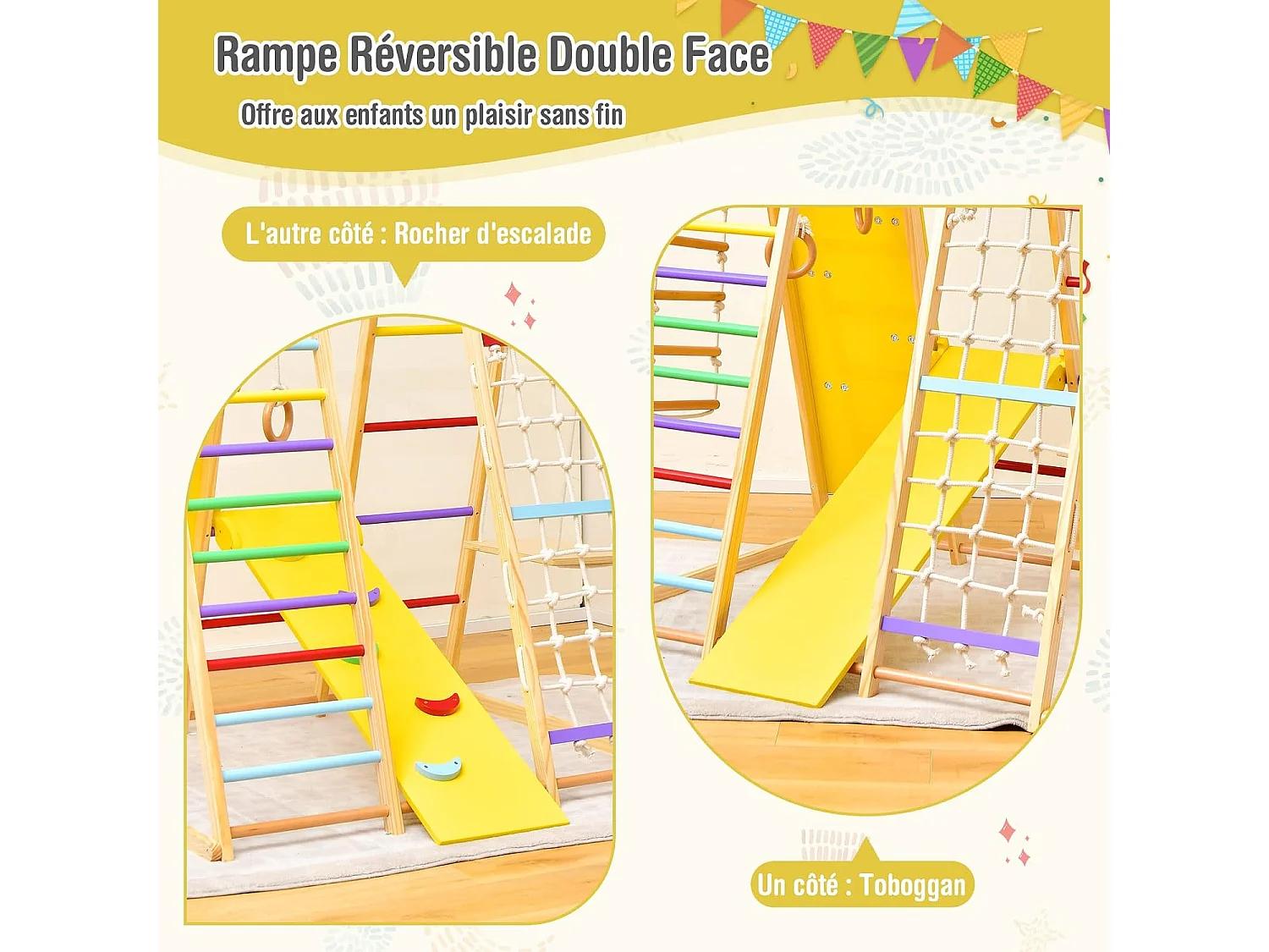 Aire de Jeux Portique Bois Enfants 8 en 1 avec Toboggan Jeu d’Escalade Balançoire Barre de Singe Anneaux de Gymnastique Charge 240KG 1 an+, Coloré