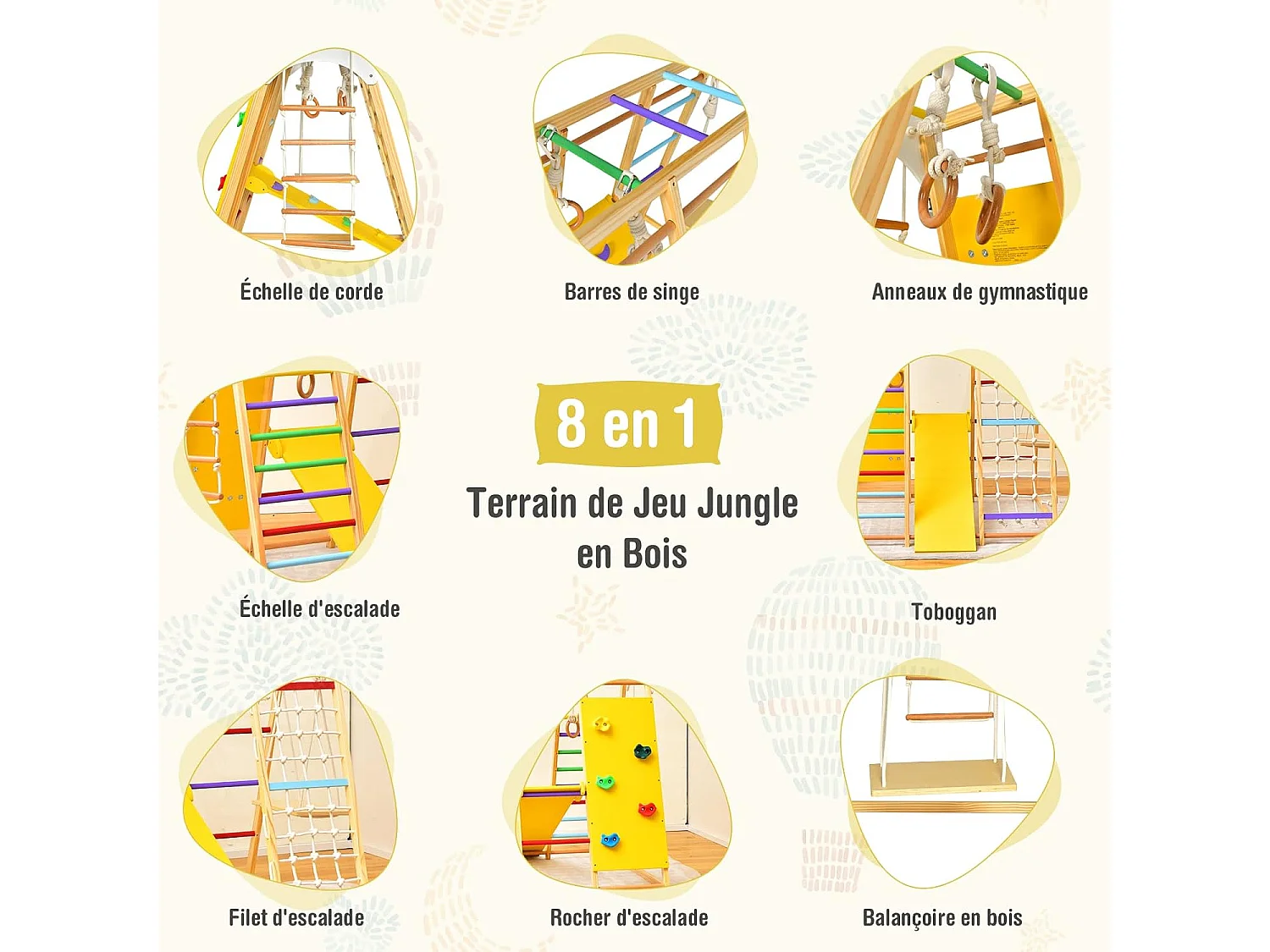 Aire de Jeux Portique Bois Enfants 8 en 1 avec Toboggan Jeu d’Escalade Balançoire Barre de Singe Anneaux de Gymnastique Charge 240KG 1 an+, Coloré