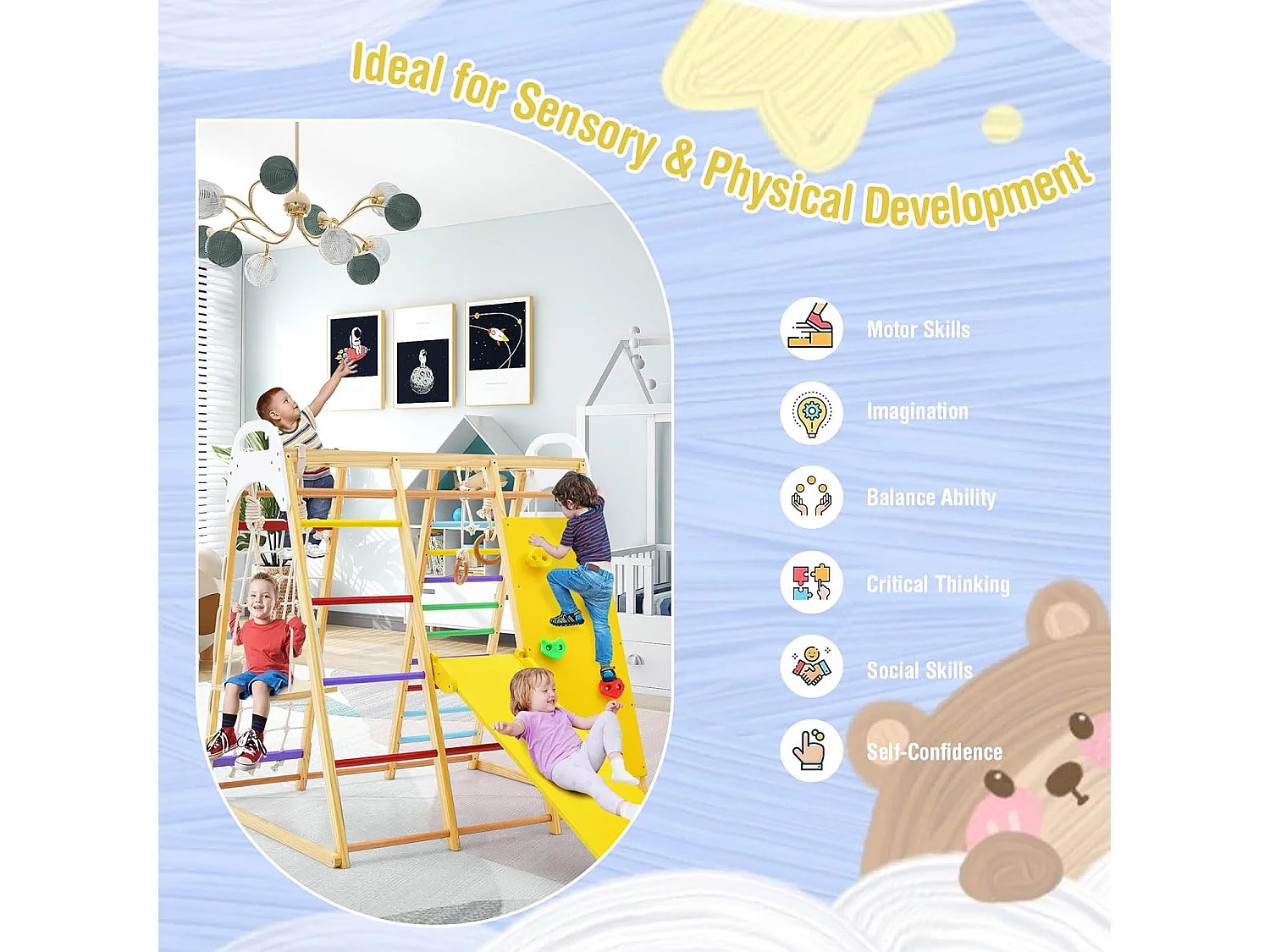 Aire de Jeux Portique Bois Enfants 8 en 1 avec Toboggan Jeu d’Escalade Balançoire Barre de Singe Anneaux de Gymnastique Charge 240KG 1 an+, Coloré