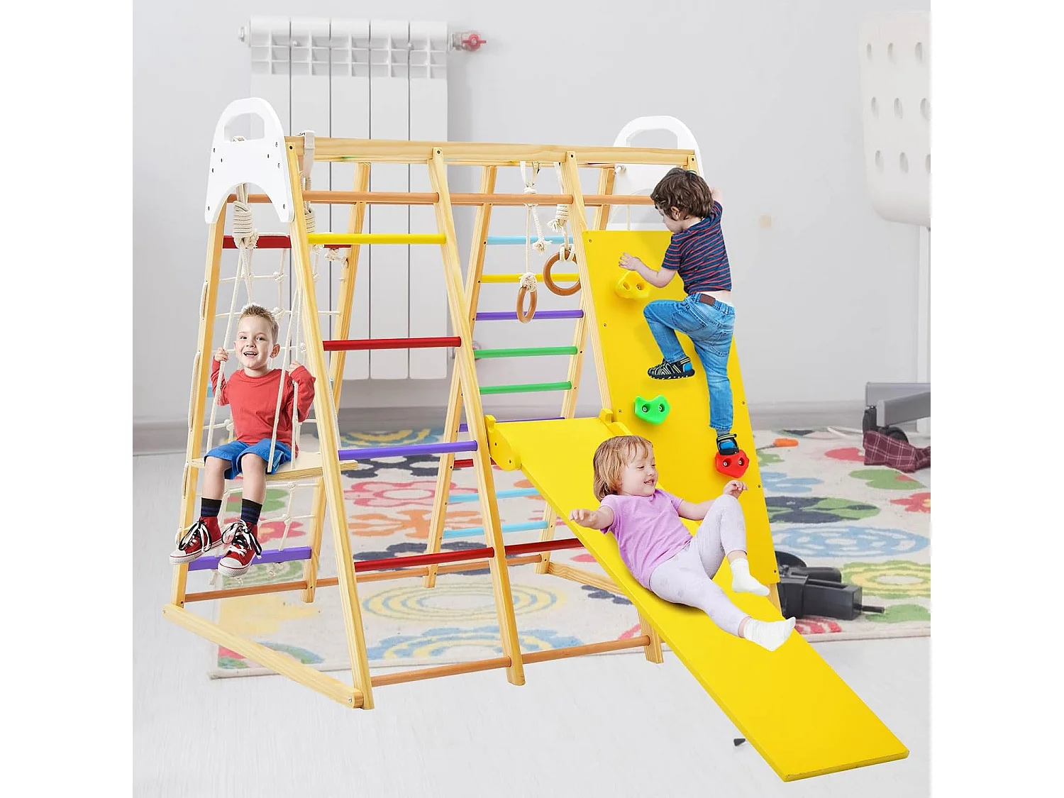 Aire de Jeux Portique Bois Enfants 8 en 1 avec Toboggan Jeu d’Escalade Balançoire Barre de Singe Anneaux de Gymnastique Charge 240KG 1 an+, Coloré