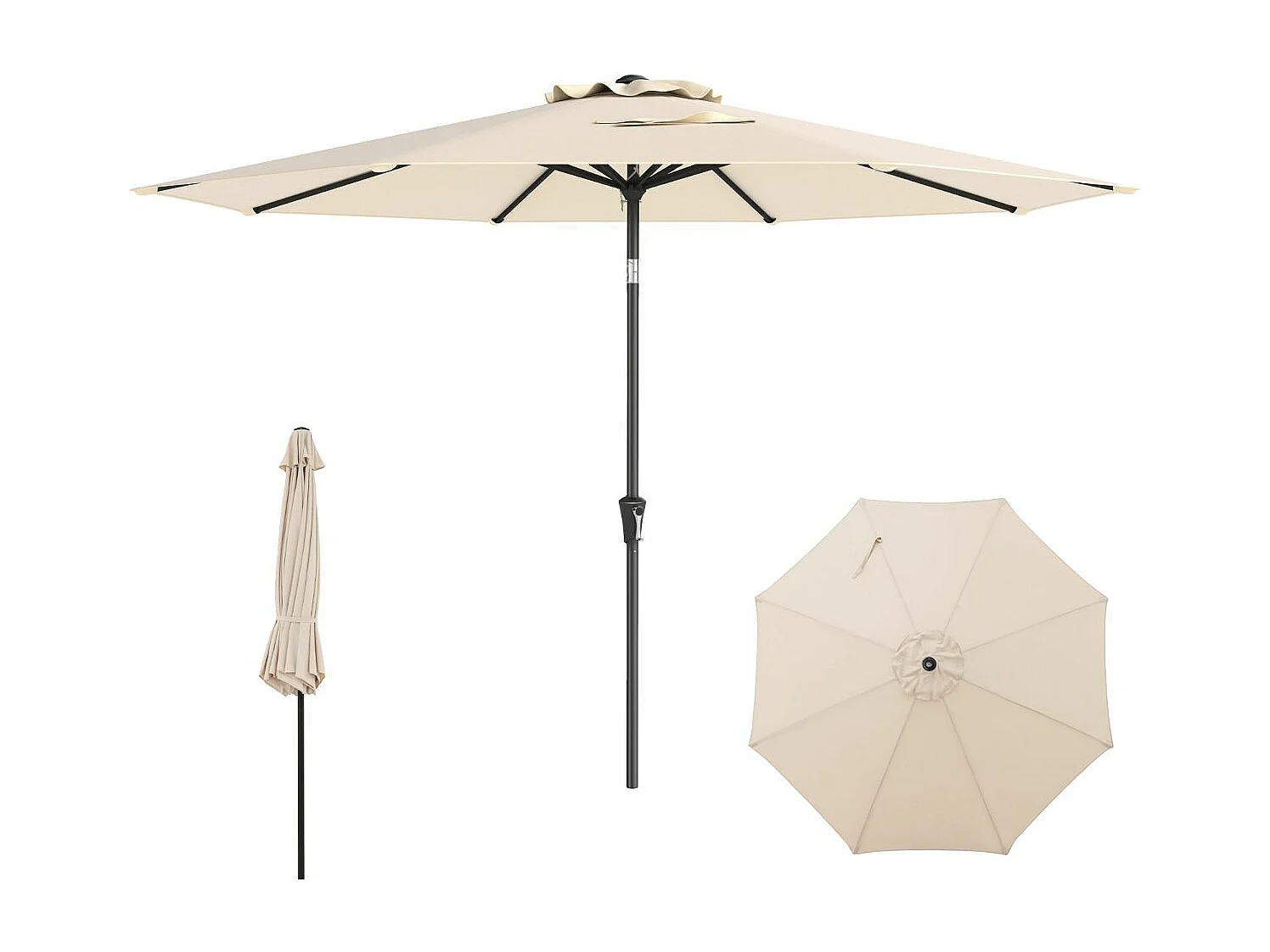 Parasol Inclinable Dia.300CM en Métal Toile Polyester Imperméable avec Ouvertures d'Aération pour Jardin,Terrasse Beige