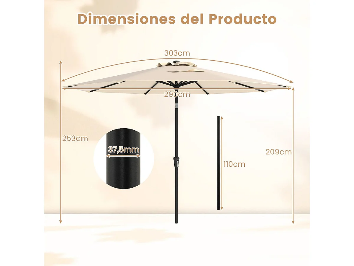 Parasol Inclinable Dia.300CM en Métal Toile Polyester Imperméable avec Ouvertures d'Aération pour Jardin,Terrasse Beige