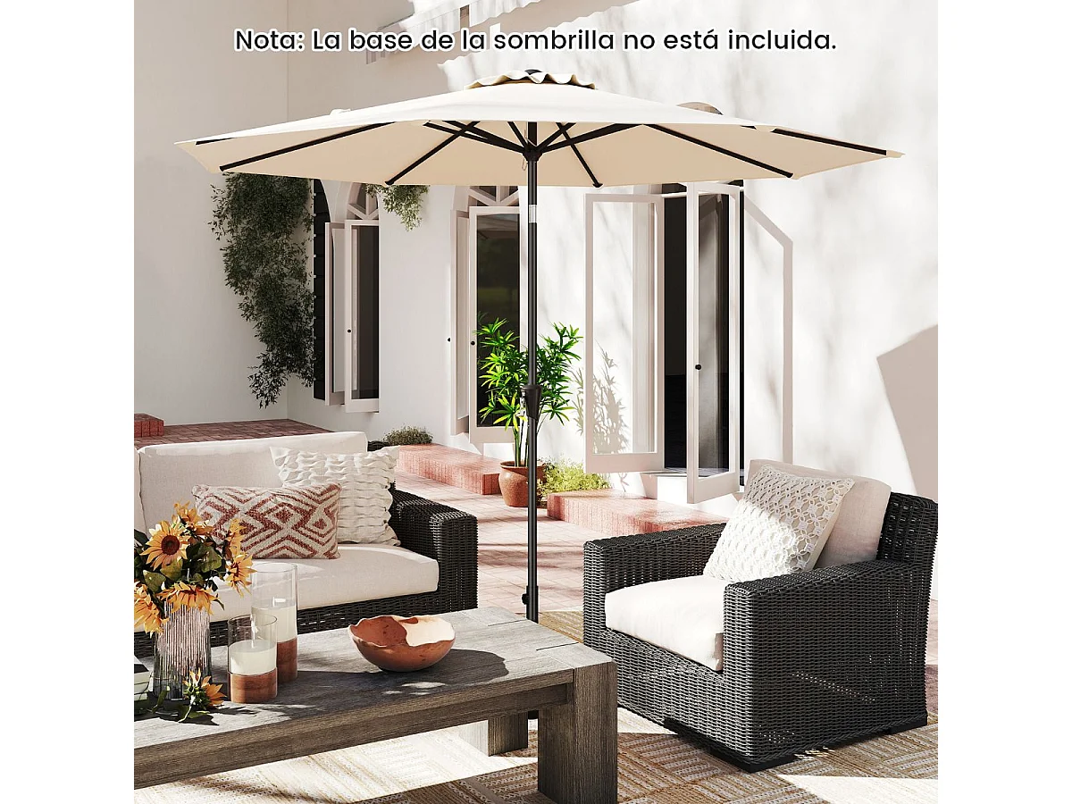 Parasol Inclinable Dia.300CM en Métal Toile Polyester Imperméable avec Ouvertures d'Aération pour Jardin,Terrasse Beige