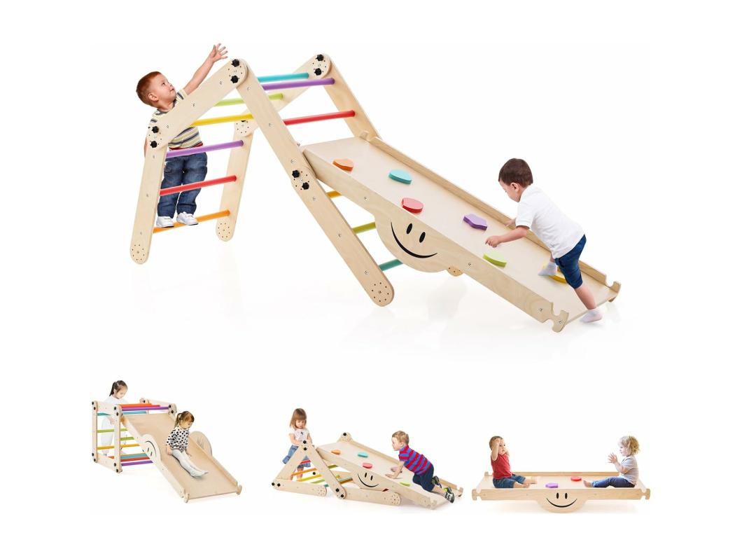5 en 1 Échelle d'escalade Montessori Enfants avec Rampe Double Face & Réglable, Jouet d'escalade Pliable en Bois avec Toboggan & Bricolage Amusant, Charge 60kg pour Tout-Petits de 3 Ans+