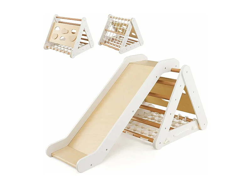 Triangle d'Escalade en Bois pour Bebe 1+ An/4 en 1 Échelle et Planche d'Escalade avec Filet Charge 50KG