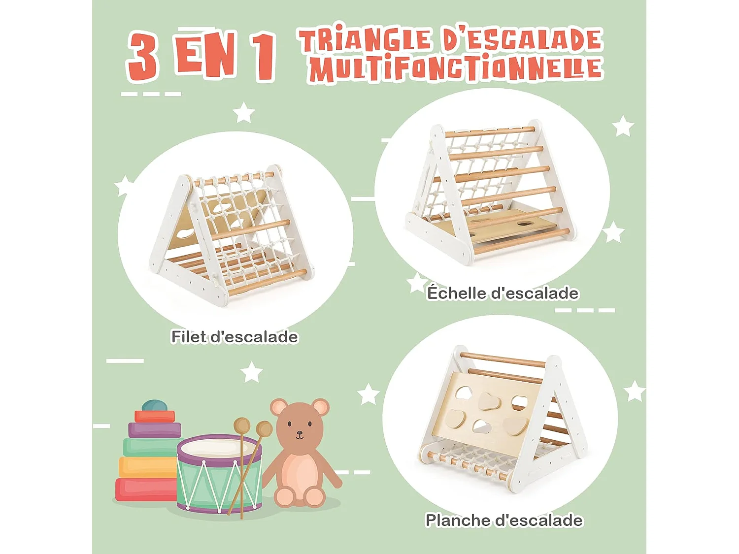 Triangle d'Escalade en Bois pour Bebe 1+ An/4 en 1 Échelle et Planche d'Escalade avec Filet Charge 50KG