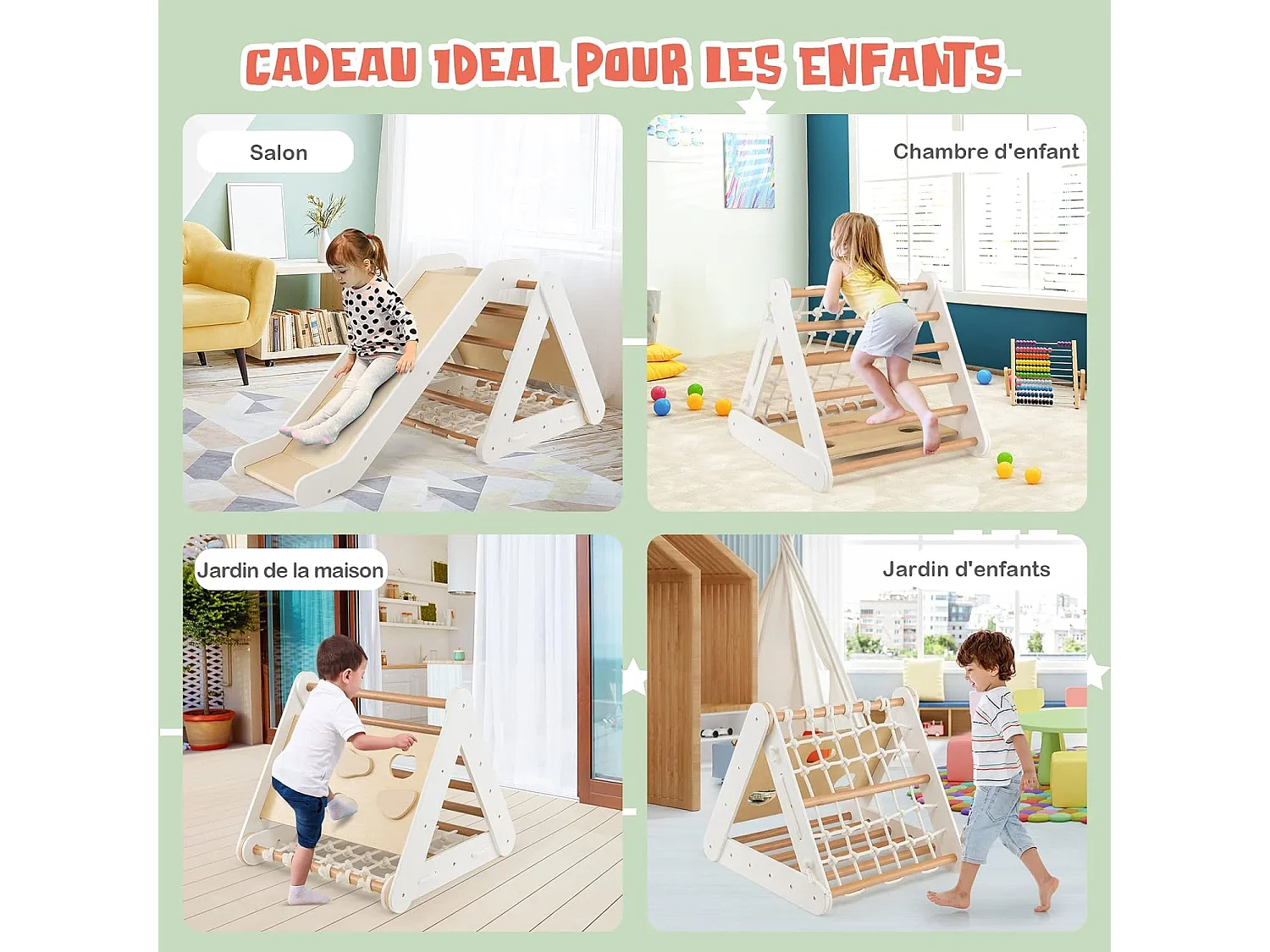 Triangle d'Escalade en Bois pour Bebe 1+ An/4 en 1 Échelle et Planche d'Escalade avec Filet Charge 50KG