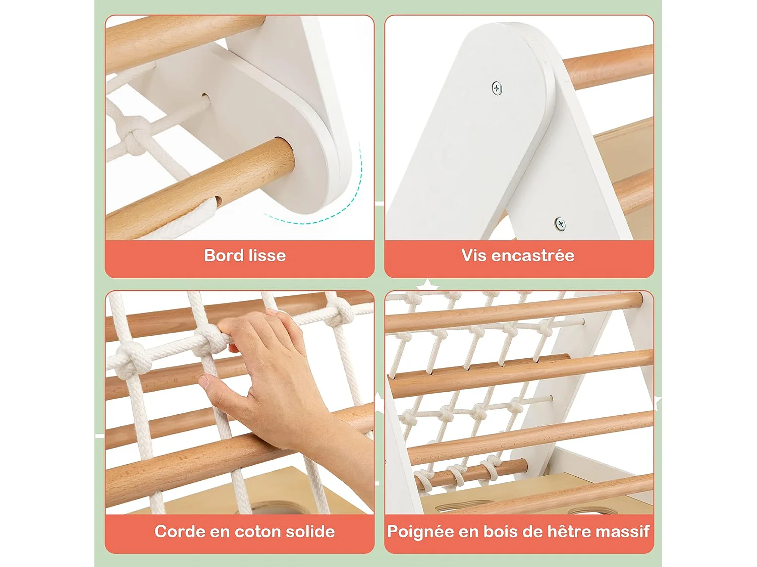 Triangle d'Escalade en Bois pour Bebe 1+ An/4 en 1 Échelle et Planche d'Escalade avec Filet Charge 50KG