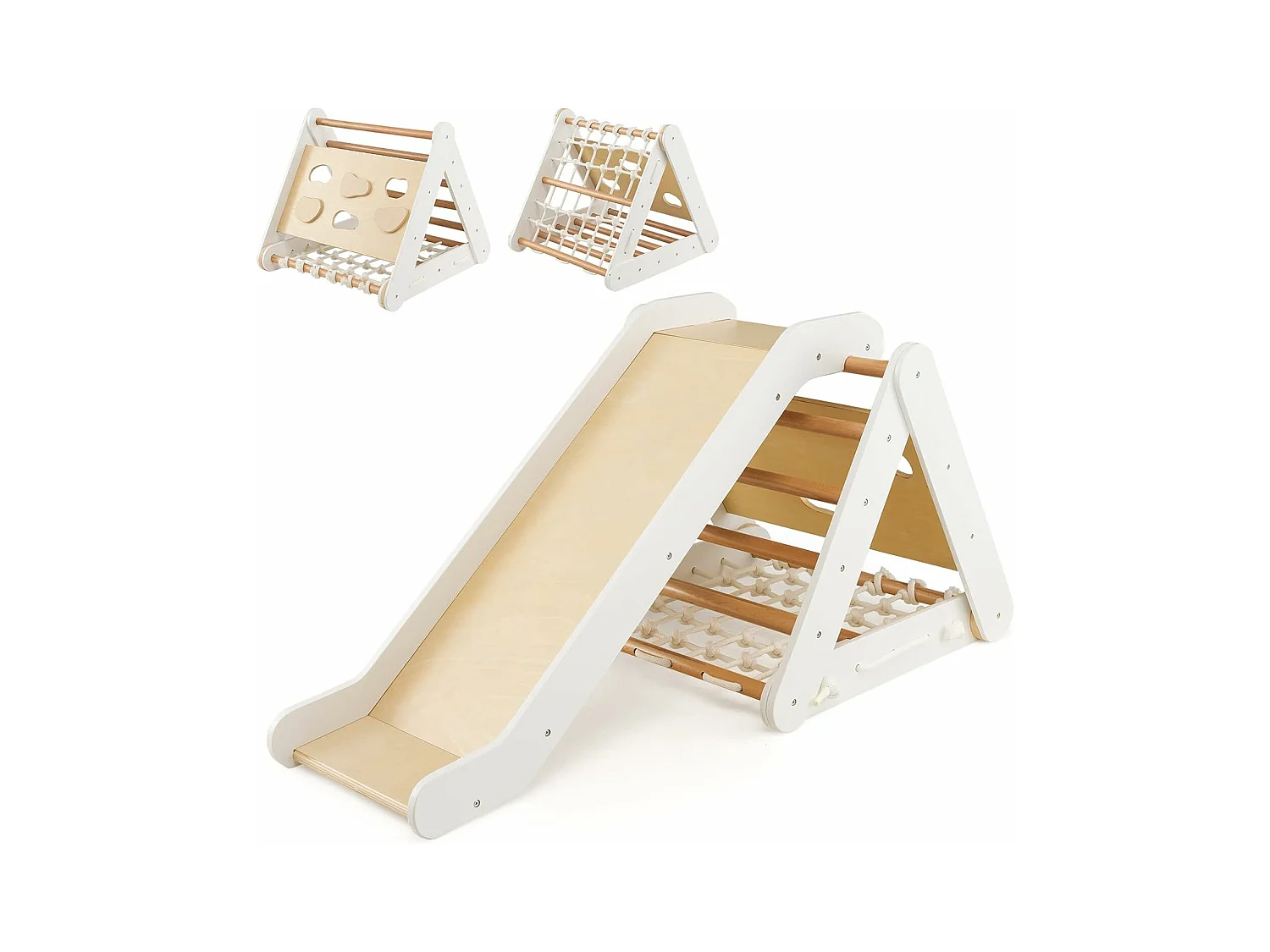 Triangle d'Escalade en Bois pour Bebe 1+ An/4 en 1 Échelle et Planche d'Escalade avec Filet Charge 50KG