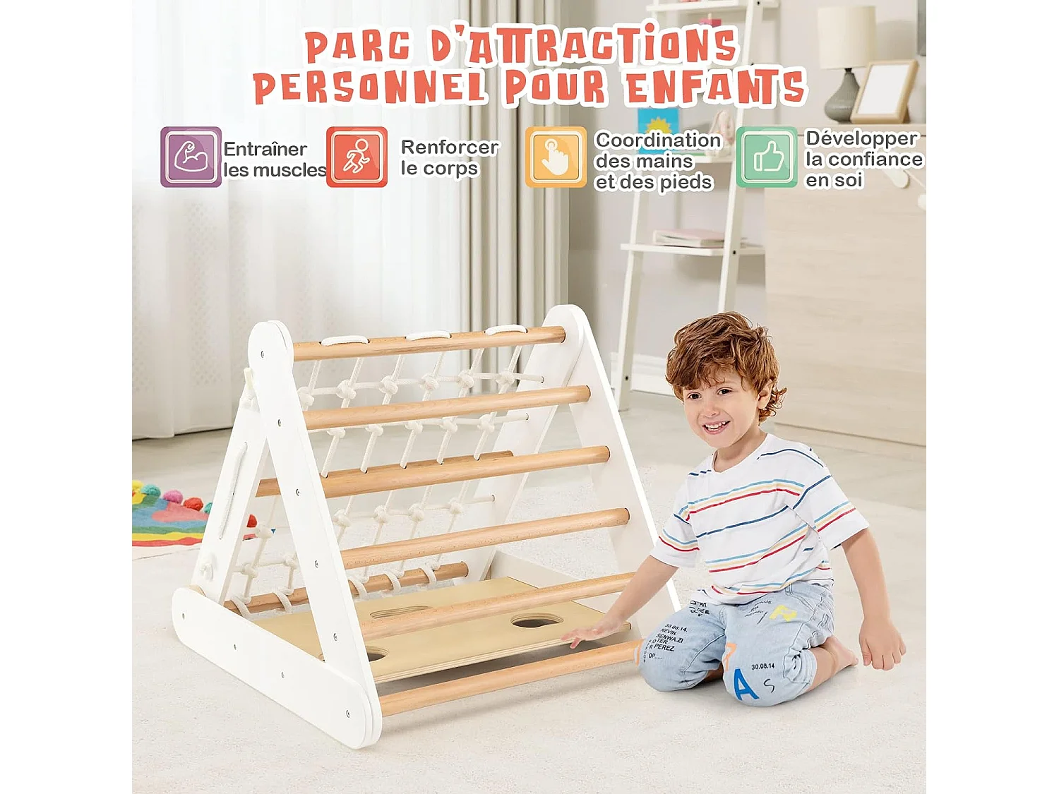 Triangle d'Escalade en Bois pour Bebe 1+ An/4 en 1 Échelle et Planche d'Escalade avec Filet Charge 50KG