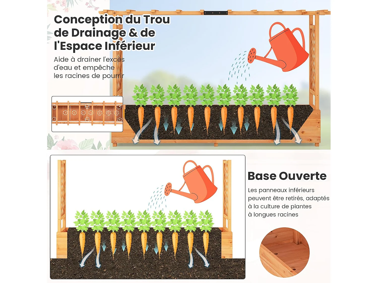 Jardinière avec 2 Treillis Latéraux, en Bois de Sapin, avec Trou de Drainage, Lit de Jardin Surélevé, Résistance aux Intempéries, 200 x 44 x 114 cm