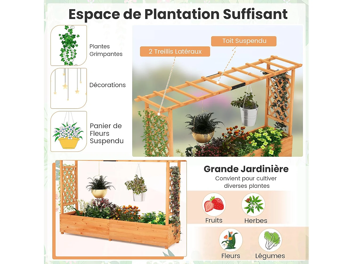 Jardinière avec 2 Treillis Latéraux, en Bois de Sapin, avec Trou de Drainage, Lit de Jardin Surélevé, Résistance aux Intempéries, 200 x 44 x 114 cm