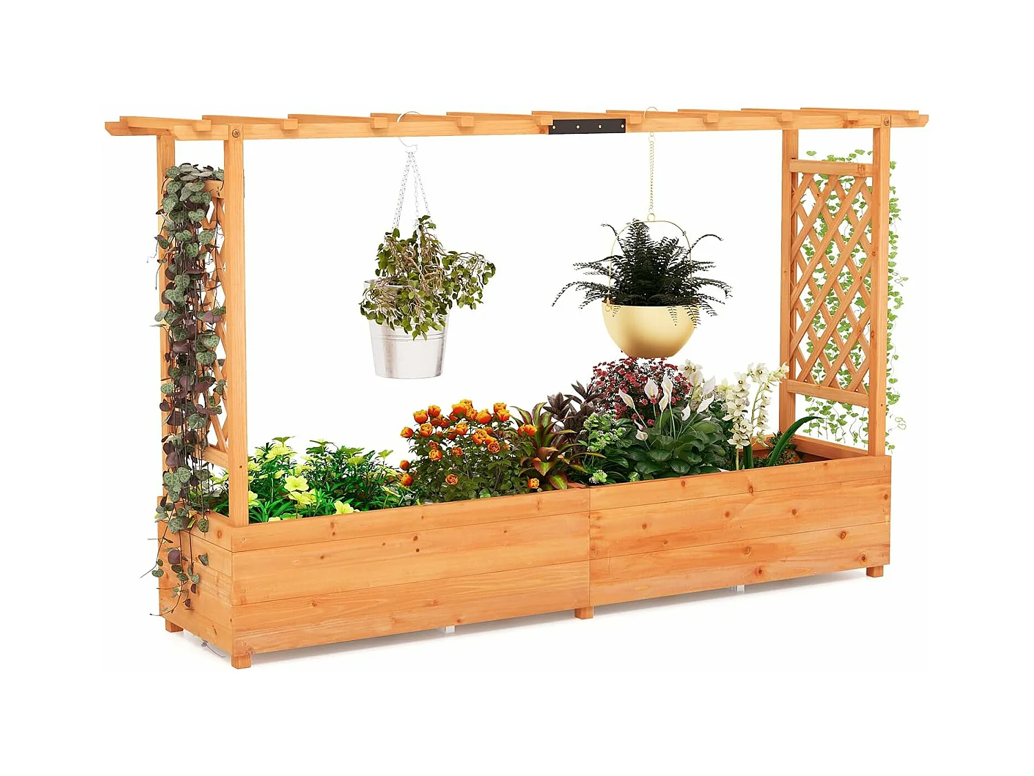 Jardinière avec 2 Treillis Latéraux, en Bois de Sapin, avec Trou de Drainage, Lit de Jardin Surélevé, Résistance aux Intempéries, 200 x 44 x 114 cm