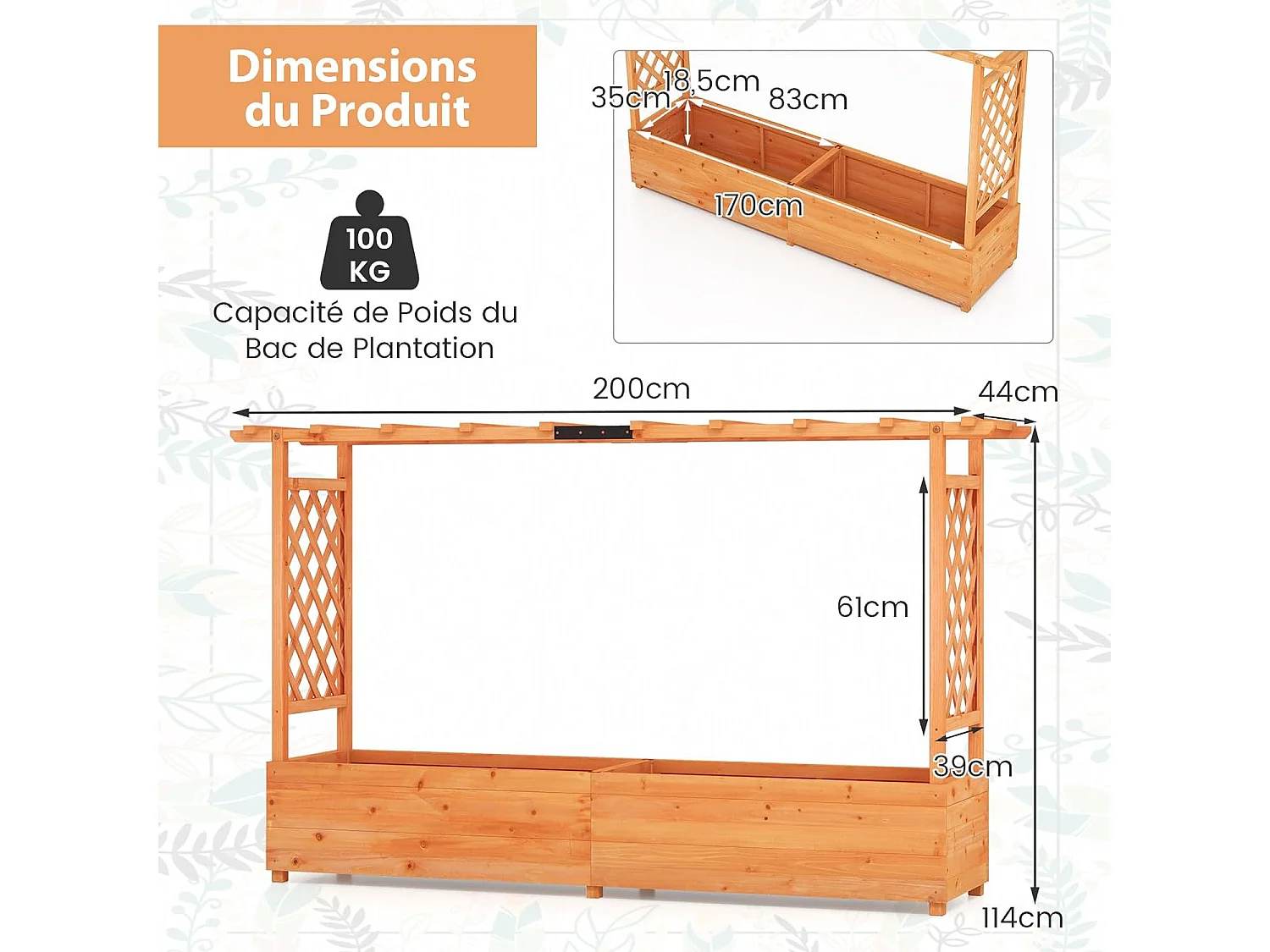 Jardinière avec 2 Treillis Latéraux, en Bois de Sapin, avec Trou de Drainage, Lit de Jardin Surélevé, Résistance aux Intempéries, 200 x 44 x 114 cm