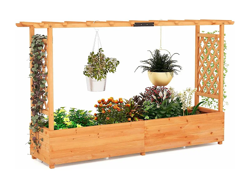 Jardinière avec 2 Treillis Latéraux, en Bois de Sapin, avec Trou de Drainage, Lit de Jardin Surélevé, Résistance aux Intempéries, 200 x 44 x 114 cm