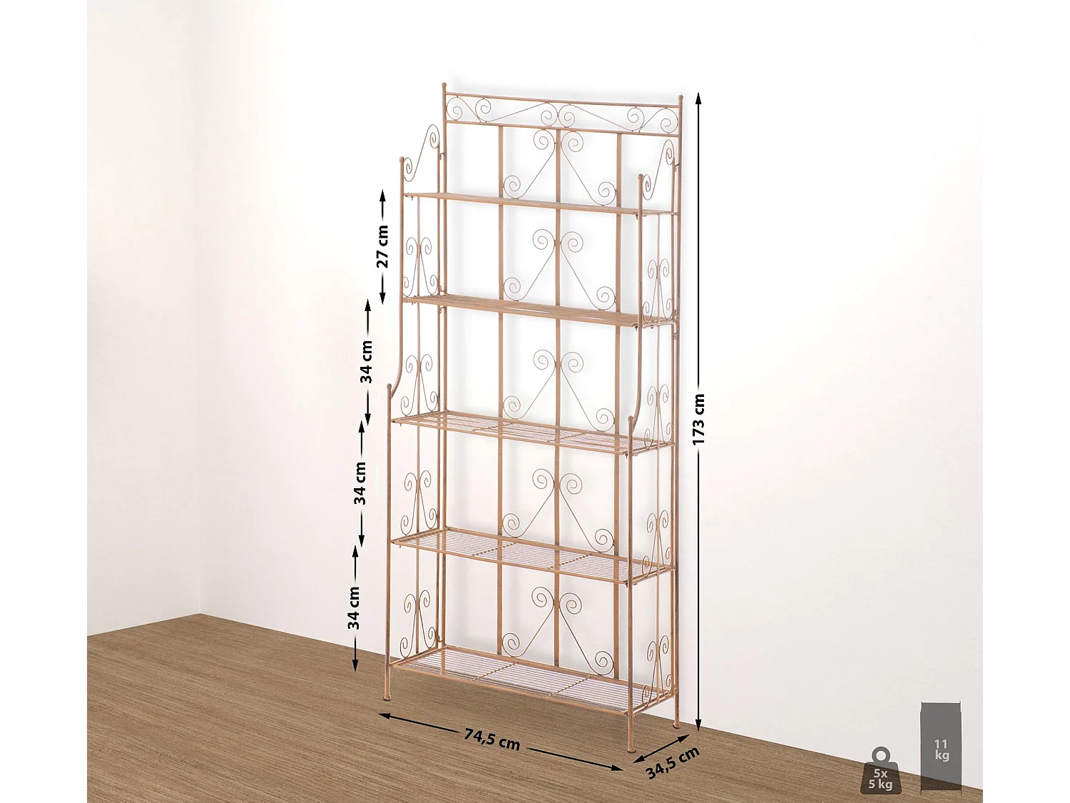 Étagères sur pied - Métal - 74.5 x 34.5 x 173cm - Marron antique - Ciara