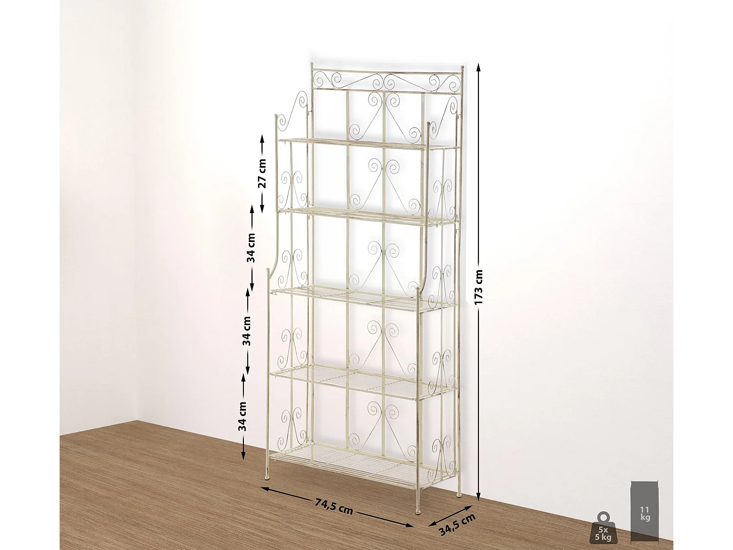 Staande plank - Metaal - 74.5 x 34.5 x 173cm - antiek/creme - Ciara