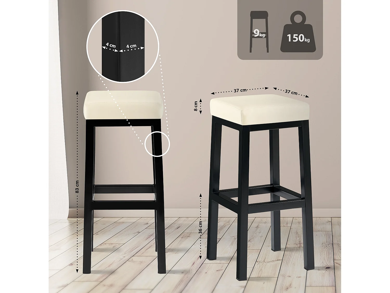 Tabouret de bar - Similicuir - Crème - Taylor B85