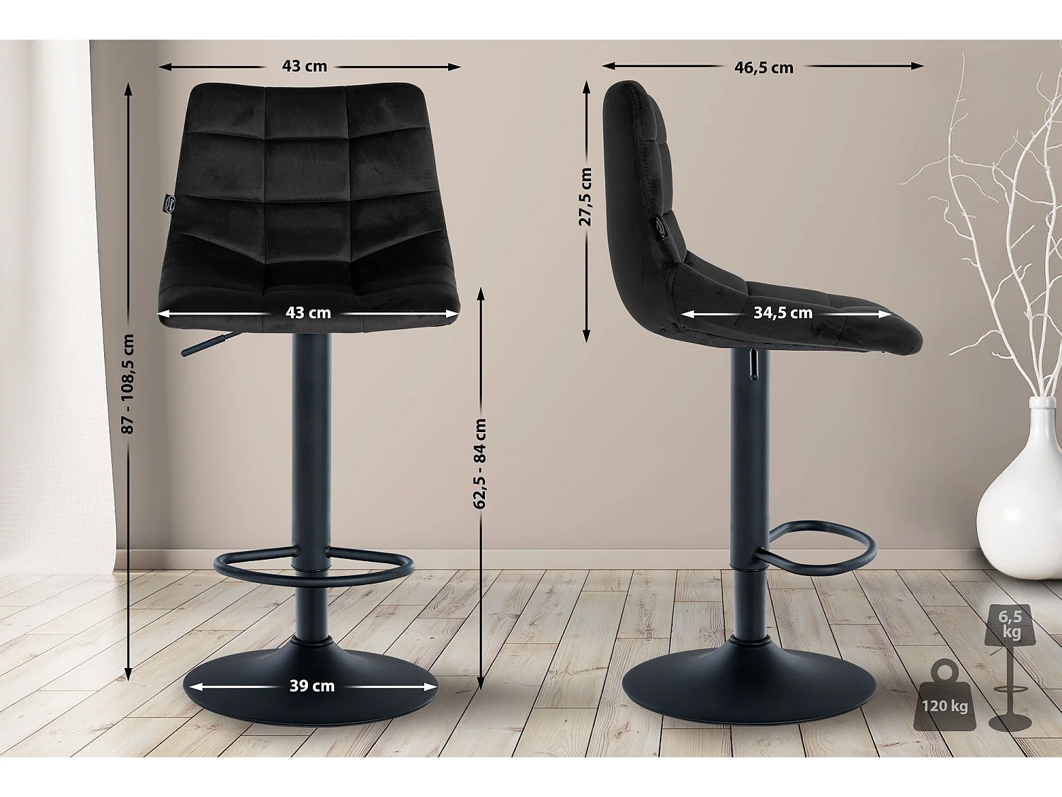 Lot de 2  Tabouret de bar - Velours & Métal - Noir - Jerry