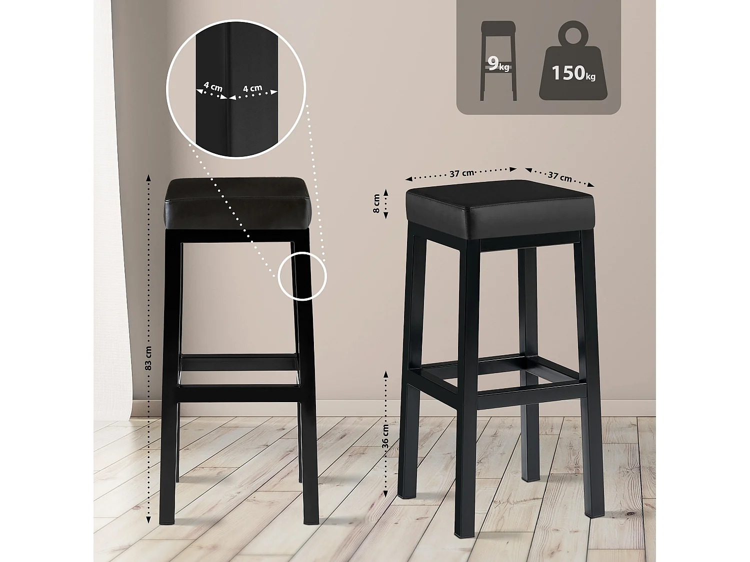 Tabouret de bar - Similicuir - Noir - Taylor B85
