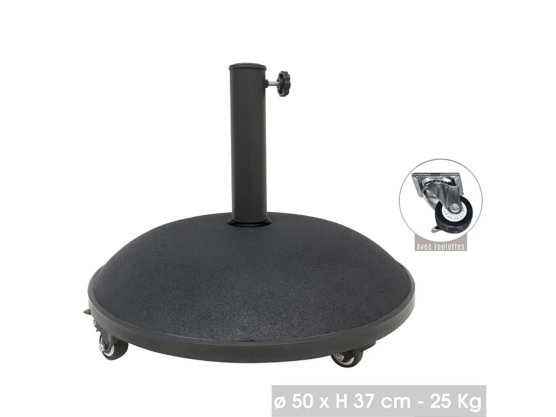 Pied de parasol en ciment noir 25 kg – Dimensions 50x37 cm, diamètre intérieur 35/38/48 mm