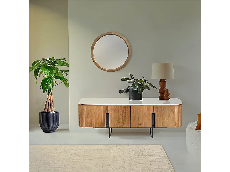 Meuble TV bas 4 portes plateau marbre blanc | Manguier Kfir II