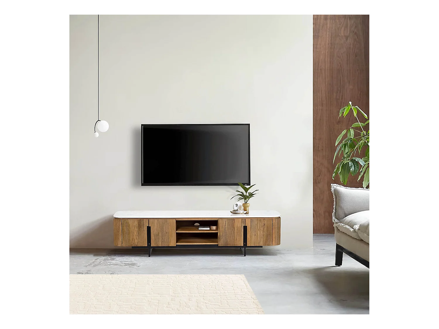 Meuble TV 4 portes, 2 niches plateau marbre blanc | Manguier Kfir II
