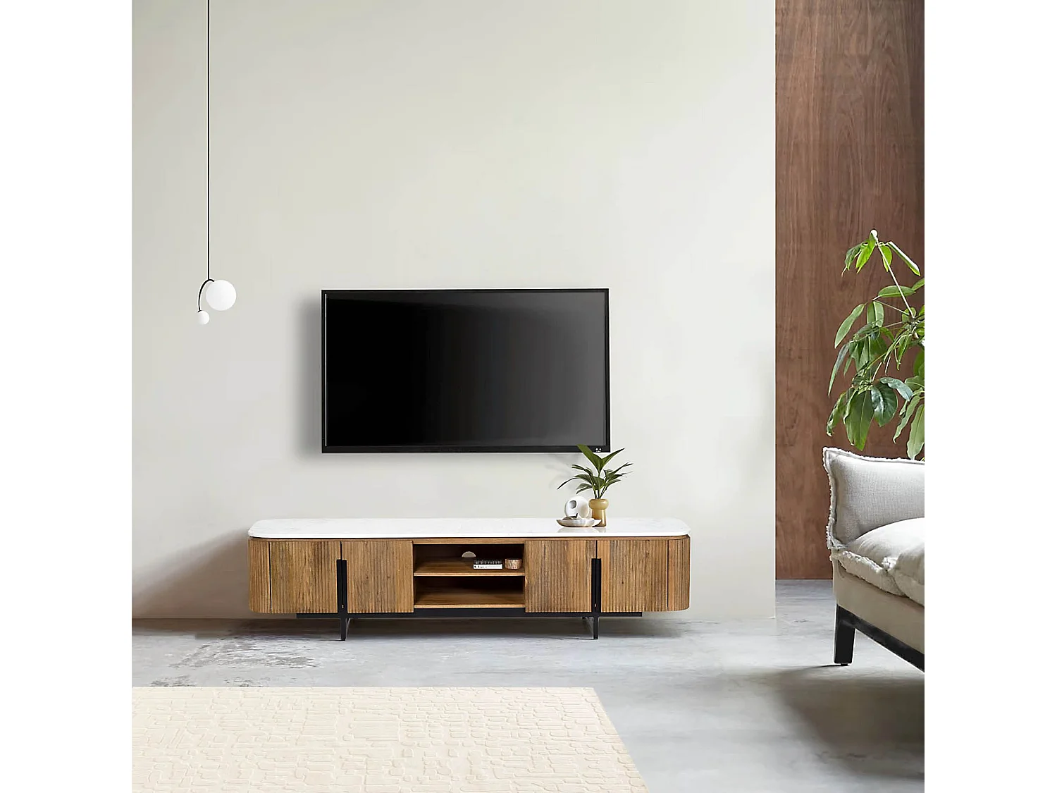 Meuble TV 4 portes, 2 niches plateau marbre blanc | Manguier Kfir II