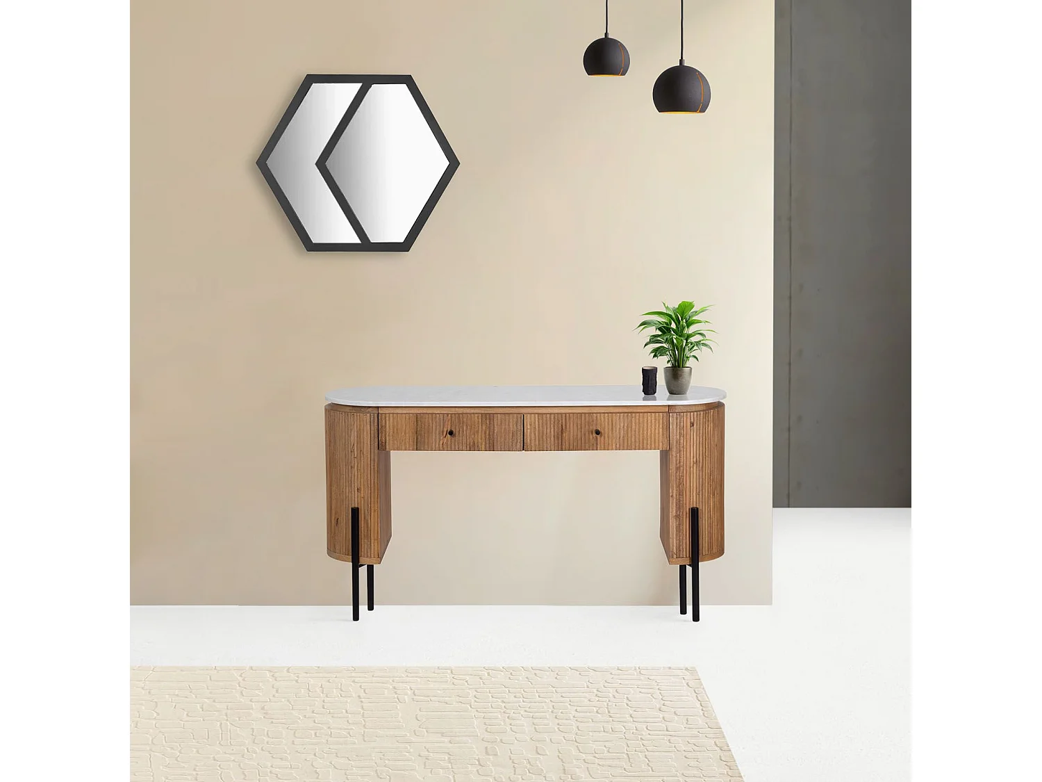 Bureau 2 tiroirs plateau marbre blanc | Manguier Kfir II