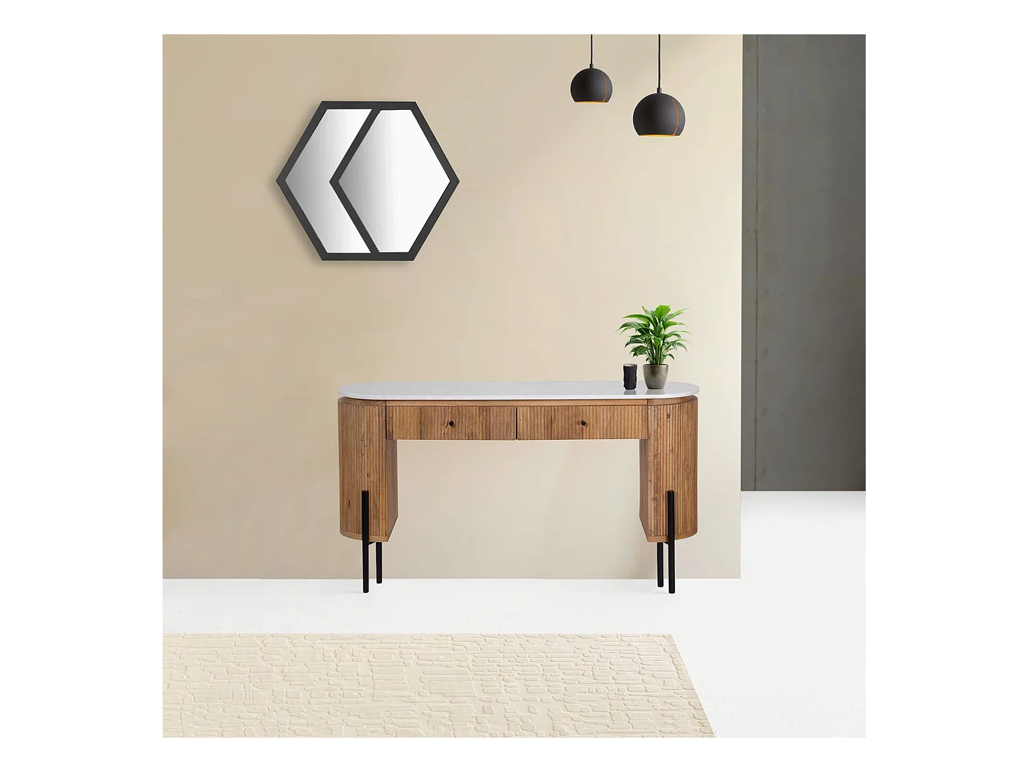 Bureau 2 tiroirs plateau marbre blanc | Manguier Kfir II