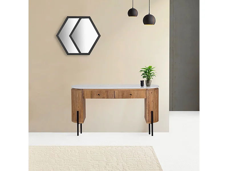 Bureau 2 tiroirs plateau marbre blanc | Manguier Kfir II