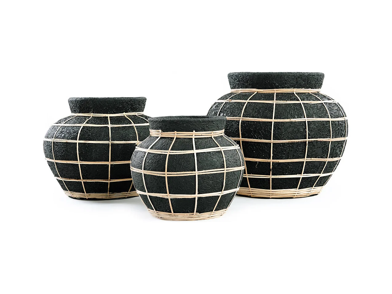 Vase avec rotin en béton noir 25x25x19cm