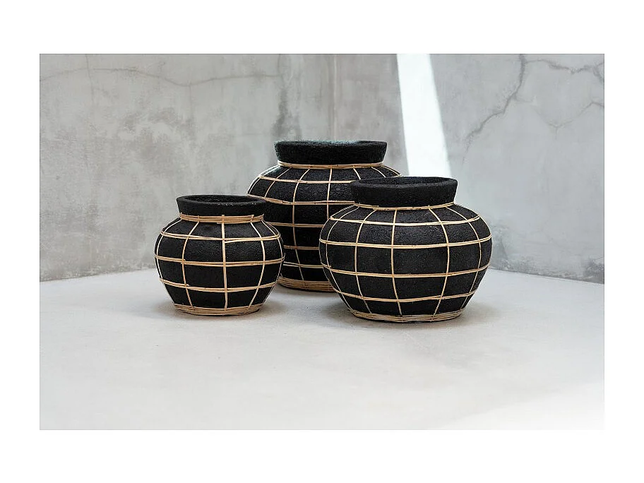 Vase avec rotin en béton noir 25x25x19cm