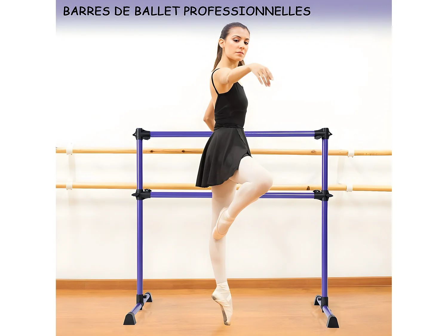 Double Barre de Danse Classique Hauteur Réglable 20-119CM avec Eponge Base Rotative Charge Max 50KG