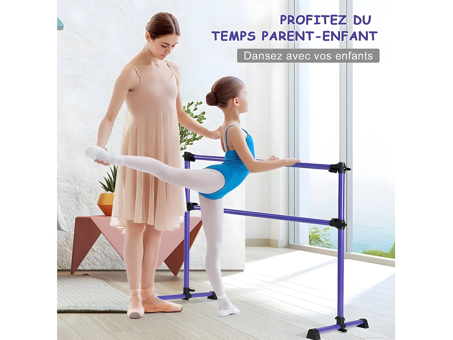 Double Barre de Danse Classique Hauteur Réglable 20-119CM avec Eponge Base Rotative Charge Max 50KG