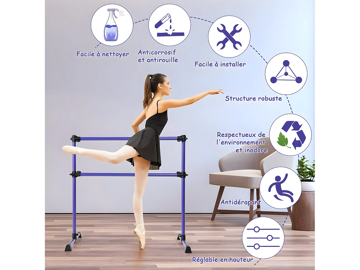 Double Barre de Danse Classique Hauteur Réglable 20-119CM avec Eponge Base Rotative Charge Max 50KG