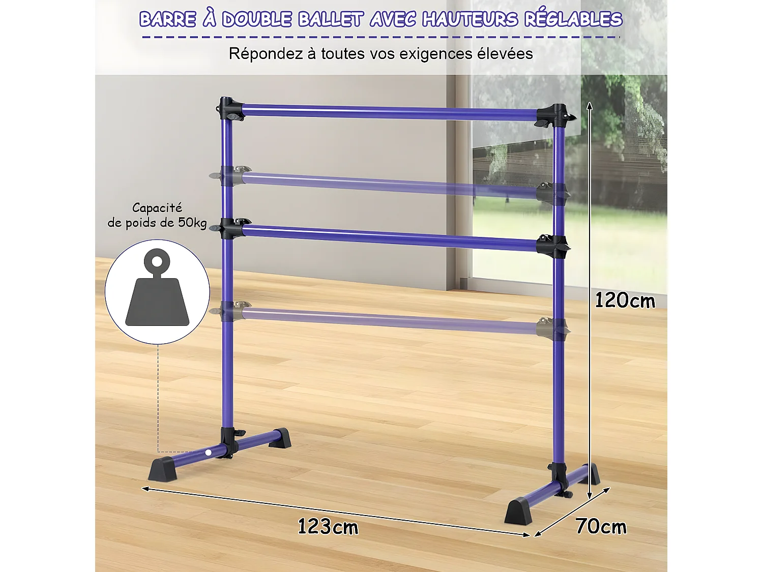 Double Barre de Danse Classique Hauteur Réglable 20-119CM avec Eponge Base Rotative Charge Max 50KG