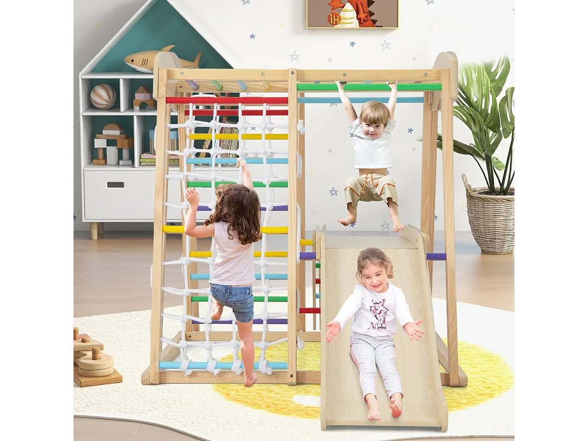 6 en 1 Triangle d'escalade en Bois avec Toboggan & Zone Tampon, Aire de Jeu d’Escalade Intérieur avec Filet & Échelle pour Grimper, Charge 60kg (Naturel)