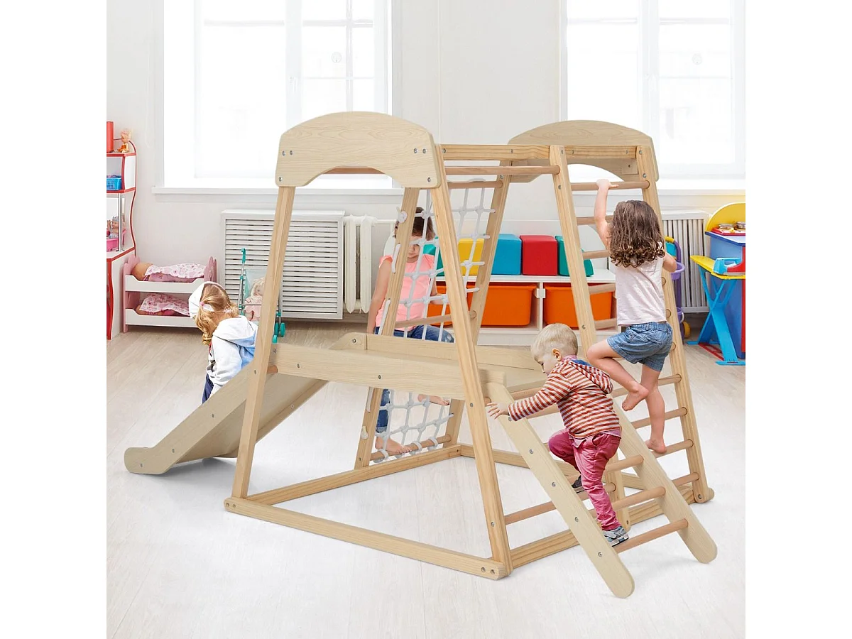 6 en 1 Triangle d'escalade en Bois avec Toboggan & Zone Tampon, Aire de Jeu d’Escalade Intérieur avec Filet & Échelle pour Grimper, Charge 60kg (Naturel)