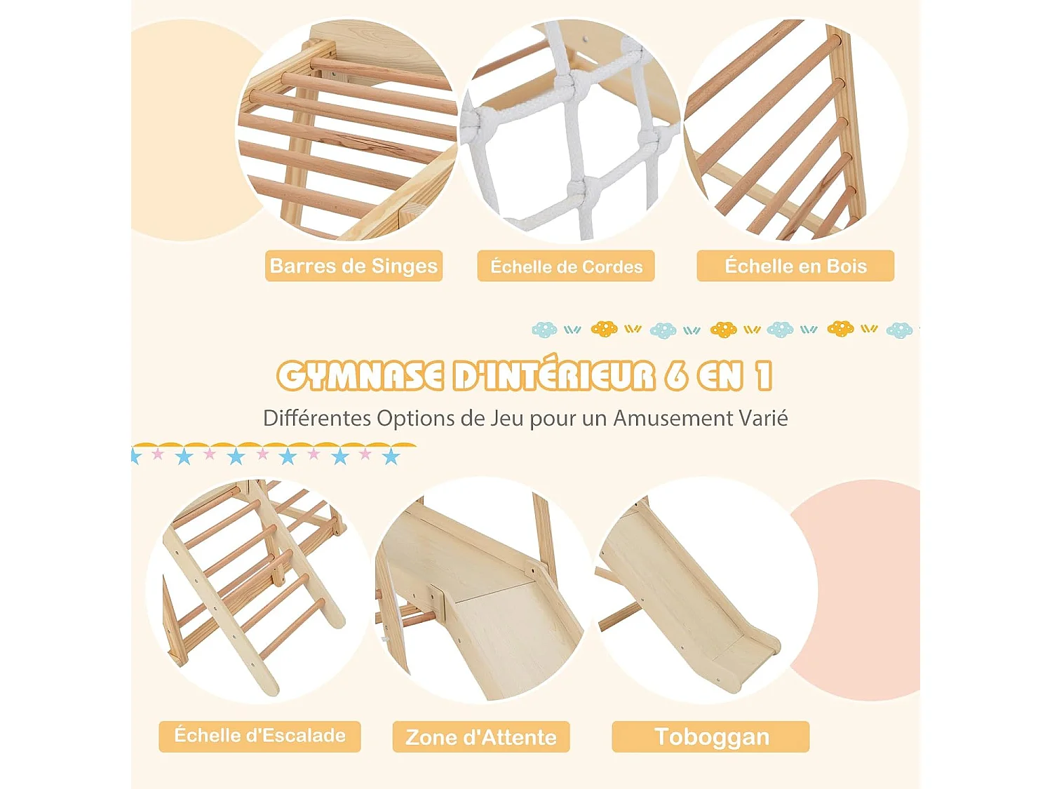 6 en 1 Triangle d'escalade en Bois avec Toboggan & Zone Tampon, Aire de Jeu d’Escalade Intérieur avec Filet & Échelle pour Grimper, Charge 60kg (Naturel)